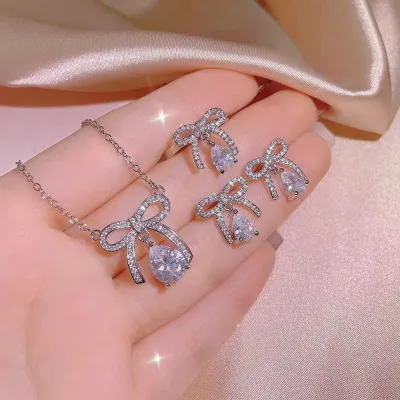 Sparkling Bowknot Ring Earrings Necklace Set (4 pcs)